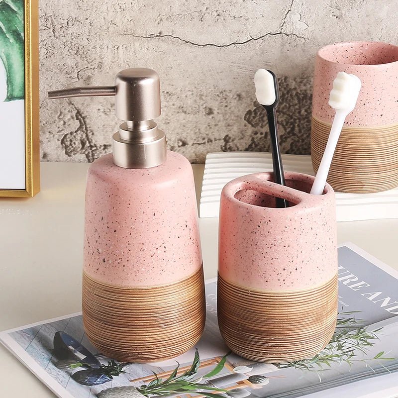 Modern Fluted Ceramic Bathroom Set Pink – Minimalist, Chic & Functional - Hizoni