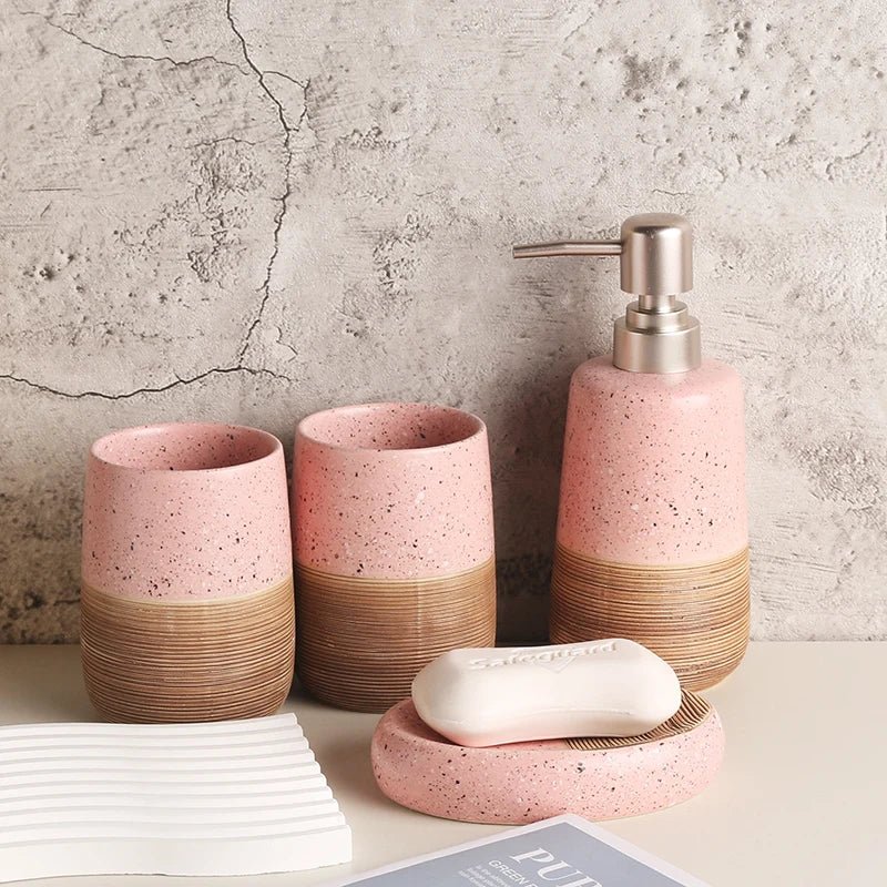 Modern Fluted Ceramic Bathroom Set Pink – Minimalist, Chic & Functional - Hizoni