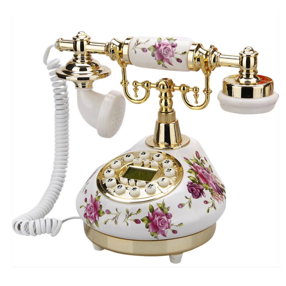 Retro Corded Landline Phone – Antique Floral Ceramic & Gold Telephone - Hizoni