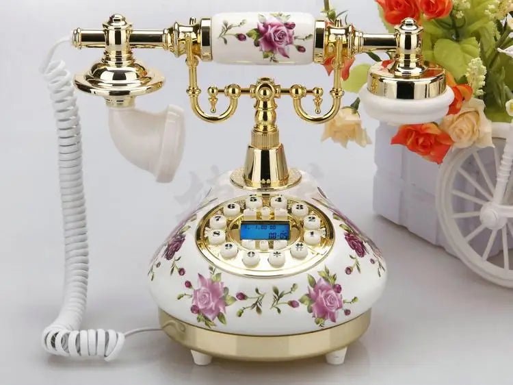 Retro Corded Landline Phone – Antique Floral Ceramic & Gold Telephone - Hizoni