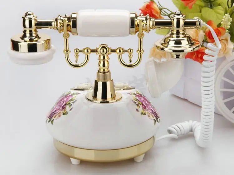 Retro Corded Landline Phone – Antique Floral Ceramic & Gold Telephone - Hizoni