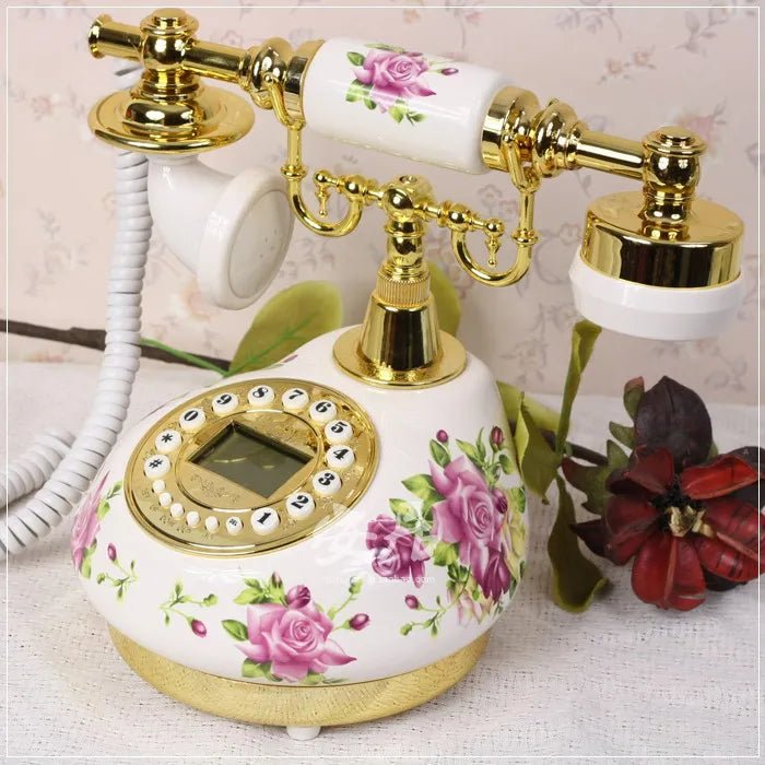 Retro Corded Landline Phone – Antique Floral Ceramic & Gold Telephone - Hizoni