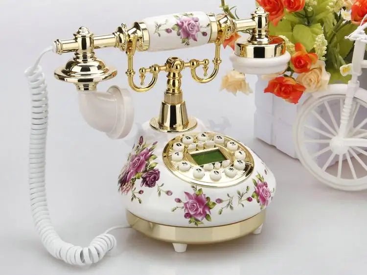 Retro Corded Landline Phone – Antique Floral Ceramic & Gold Telephone - Hizoni