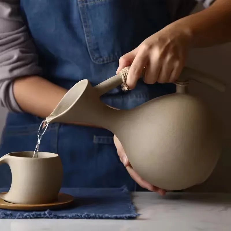 Rustic Ceramic Water Pitcher – Large 1300ml Jug with Rope Handle - Hizoni