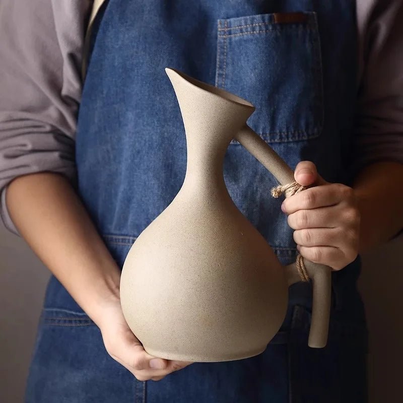 Rustic Ceramic Water Pitcher – Large 1300ml Jug with Rope Handle - Hizoni