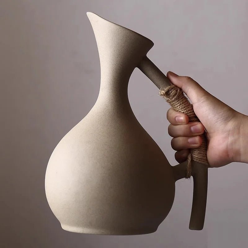Rustic Ceramic Water Pitcher – Large 1300ml Jug with Rope Handle - Hizoni