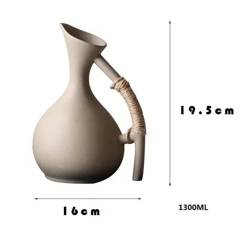 Rustic Ceramic Water Pitcher – Large 1300ml Jug with Rope Handle - Hizoni