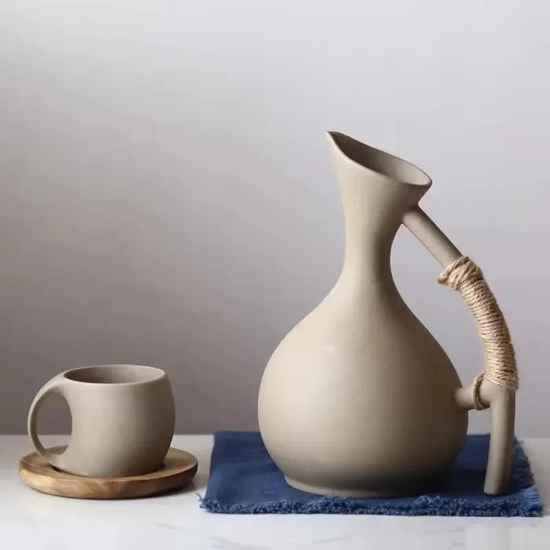 Rustic Ceramic Water Pitcher – Large 1300ml Jug with Rope Handle - Hizoni