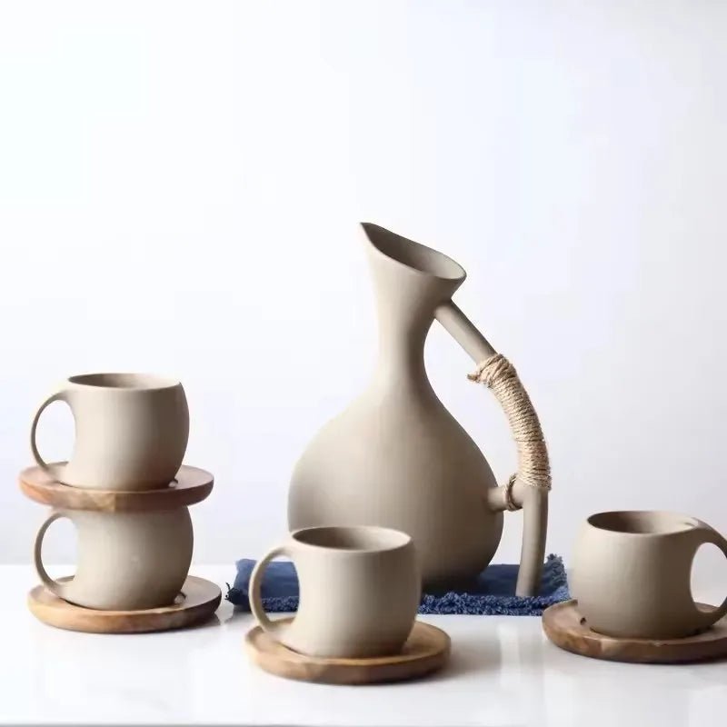 Rustic Ceramic Water Pitcher – Large 1300ml Jug with Rope Handle - Hizoni