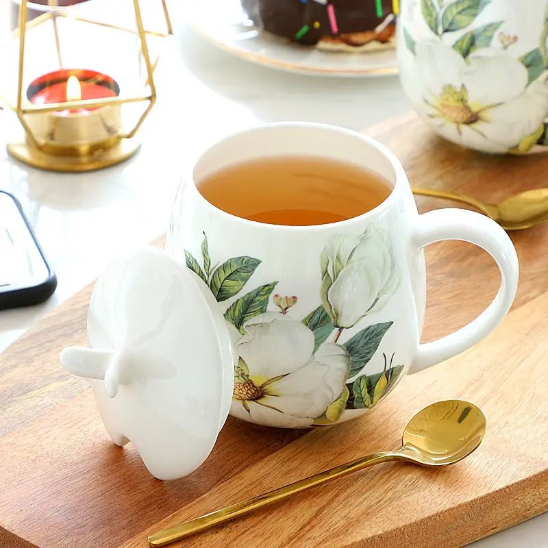 Top - Grade Porcelain Tea Cup – 400ml Floral Bone China Mug with Lid - Hizoni