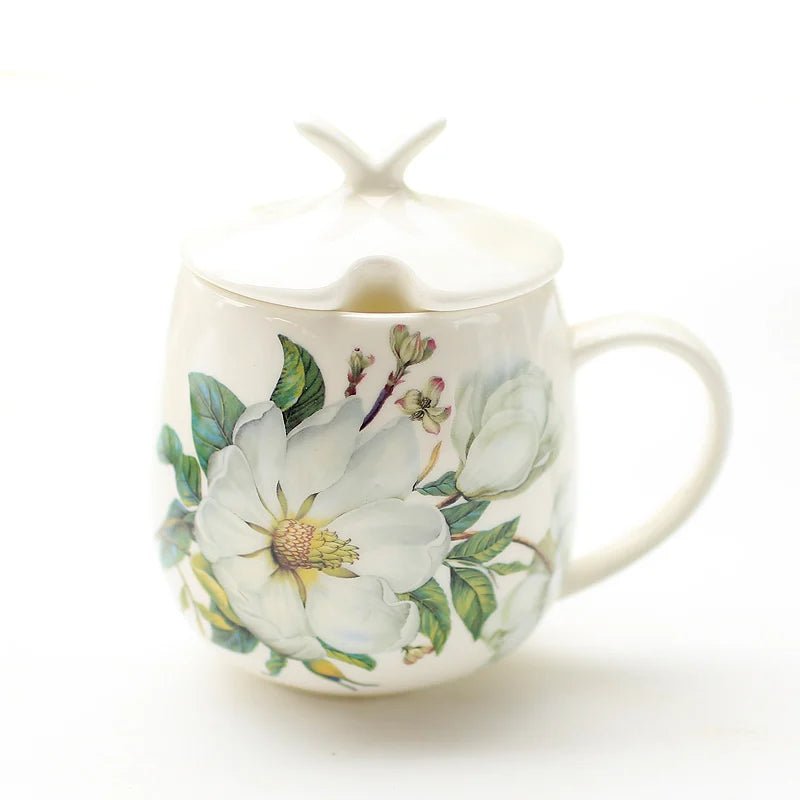 Top - Grade Porcelain Tea Cup – 400ml Floral Bone China Mug with Lid - Hizoni