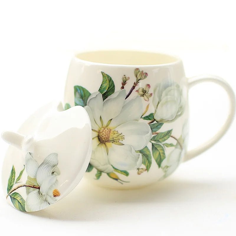 Top - Grade Porcelain Tea Cup – 400ml Floral Bone China Mug with Lid - Hizoni