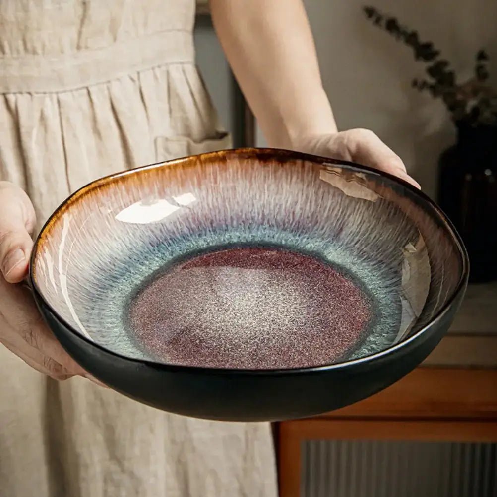 Vintage Flame Ceramic Pasta Plate – 9" Handcrafted Irregular Soup Dish - Hizoni