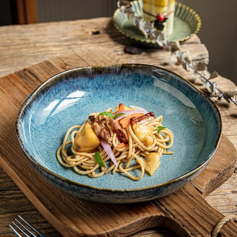 Vintage Flame Ceramic Pasta Plate – 9" Handcrafted Irregular Soup Dish - Hizoni