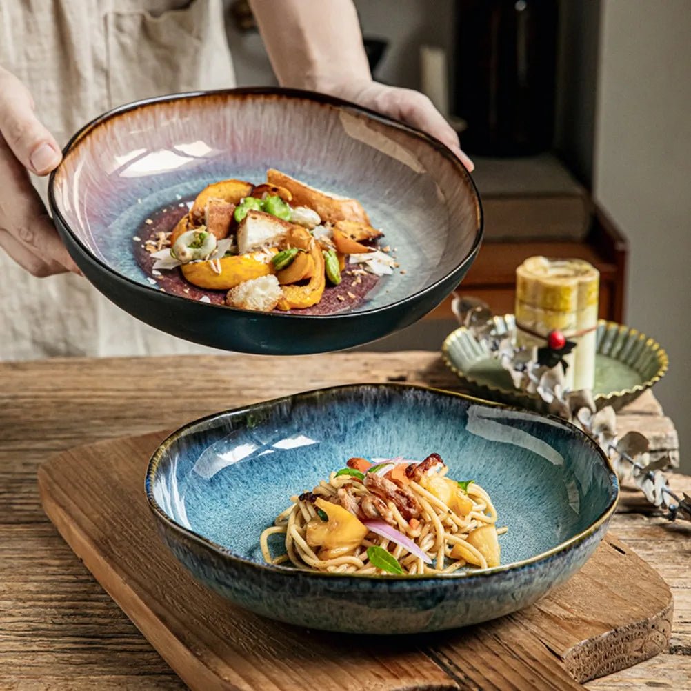 Vintage Flame Ceramic Pasta Plate – 9" Handcrafted Irregular Soup Dish - Hizoni