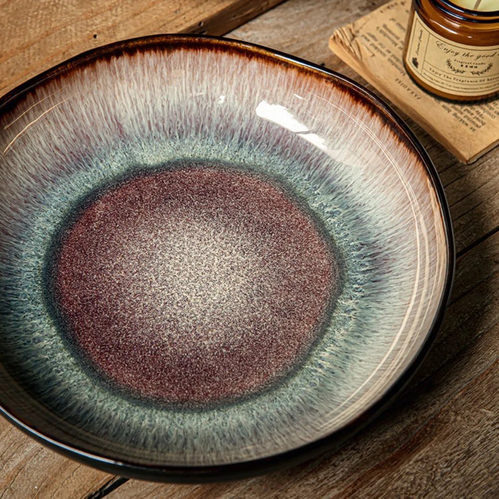 Vintage Flame Ceramic Pasta Plate – 9" Handcrafted Irregular Soup Dish - Hizoni
