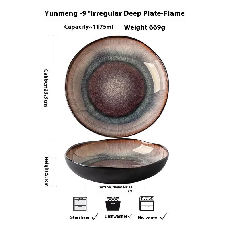 Vintage Flame Ceramic Pasta Plate – 9" Handcrafted Irregular Soup Dish - Hizoni